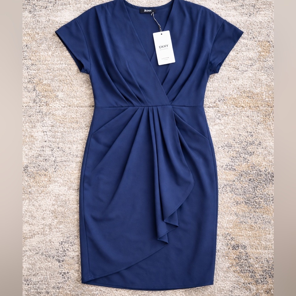 DKNY Twist Front Short Sleeve Blue Mini Dress Size 10 NWT Office Work